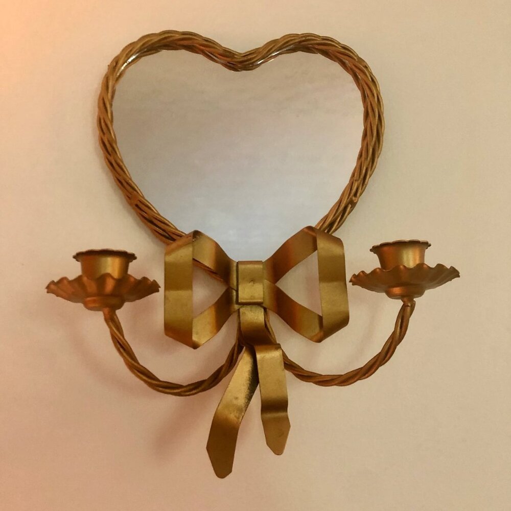 Gold Heart Mirror Sconce, Hollywood Regency, Vintage Rope and Bow